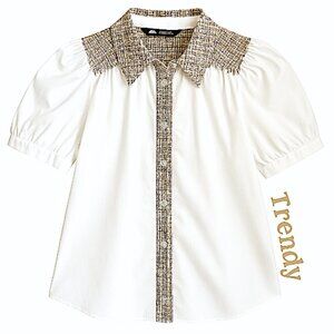 Zara White Puff Sleeve Blouse Cream Tweed Trim Contrast Button Front Shirt M